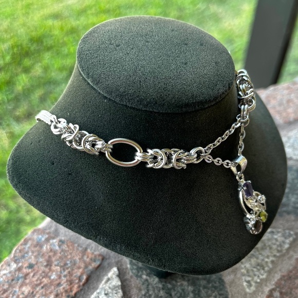 Handmade maille links stainless steel chains + sterling silver amethyst peridot - Picture 14 of 16